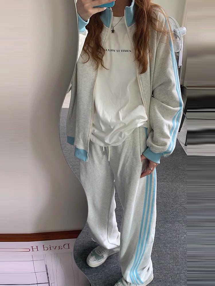 Damen Frühling/Herbst Laufanzug - Reiner Baumwoll- & Milchseidenstoff, Reißverschlussjacke & Hose im koreanischen Stil