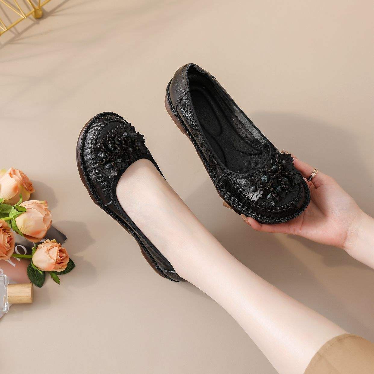 Мать из коровьей кожи мягкая подошва нескользящая плоская подошва говяжья жила для среднего и пожилого возраста туфли-дуду 41 чёрный 6890₽