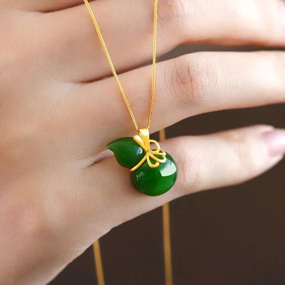 Natural Hetian Jade Jasper Gourd Pendant Necklace Chinese Style Retro Unique Ancient Gold Craft Charm Women'S  Jewelry
