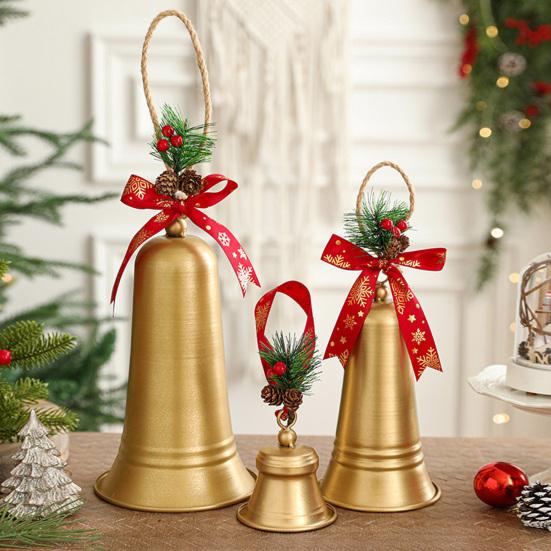 Christmas Bell Hanging Ornaments Rustic Metal Bell Decoration with Artificial Pine Needles Berries for Christmas Tree Wreath Door Window Decor