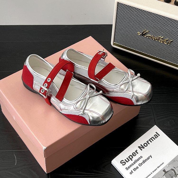 Silver Platform Single Shoes Women's 2025 Vintage Mary Jane Versatile Leather Bow Ballet Flats Women