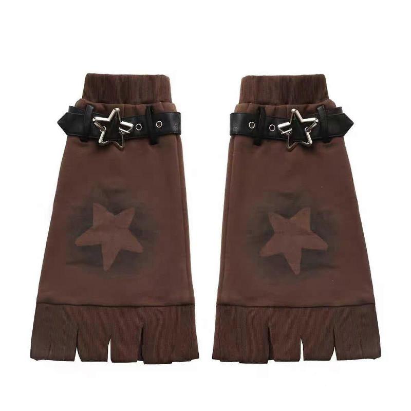 Brown Star Pattern Leg Warmers with Adjustable Leather Buckle Strap for Women Punk Flared Leg Covers Footless Socks  Brown