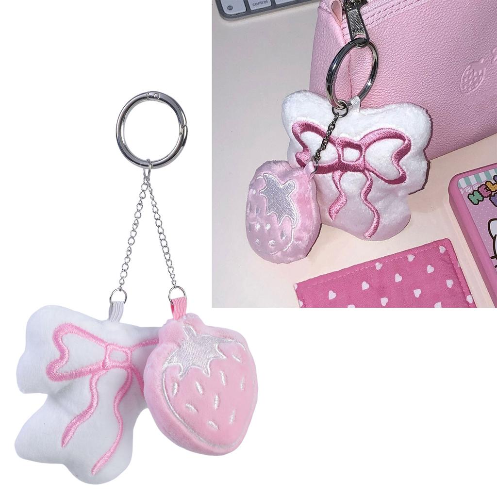 Plush Strawberry Bowknot Charm Keychains Sweet Lovely Pendant Hangings Ornament Keyring Backpack Decoration for Women