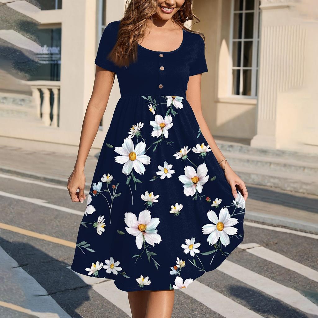 Fashion Women Summer Vintage Floral Dress Elegant Short Sleeve Midi Dress
