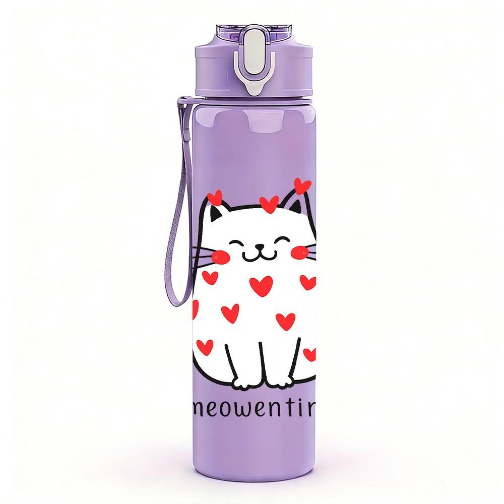 1PC Cat Full Of Red Hearts Print 750ml Color Plastic Sports Water Bottle Leakproof Flip Straw Lid Suitable for Sports Office Home Use
