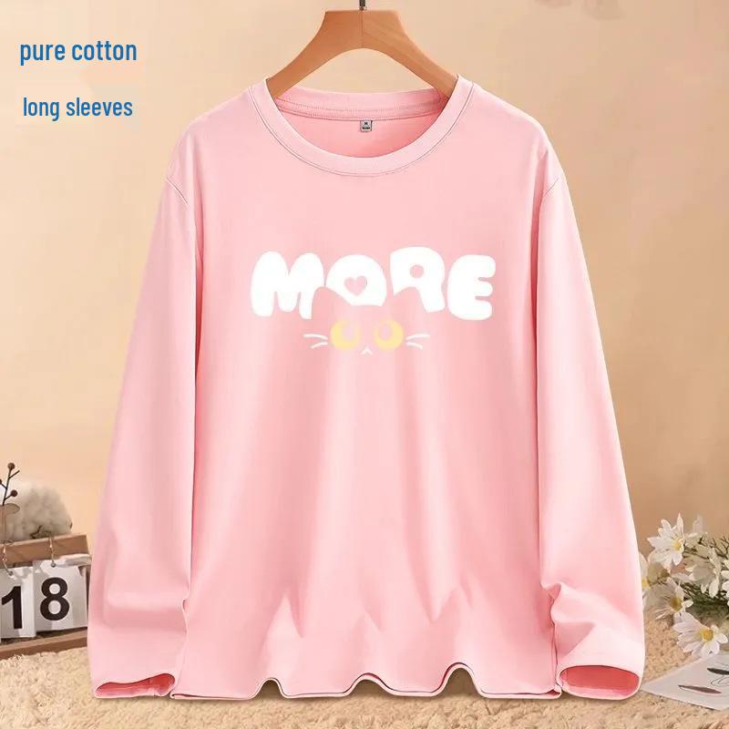 

Женская футболка с длинным рукавом из 100% чистого хлопка, свободного кроя в корейском стиле - Круглый вырез, идеально подходит для весны и осени, унисекс. M (suitable for under 100 jin)