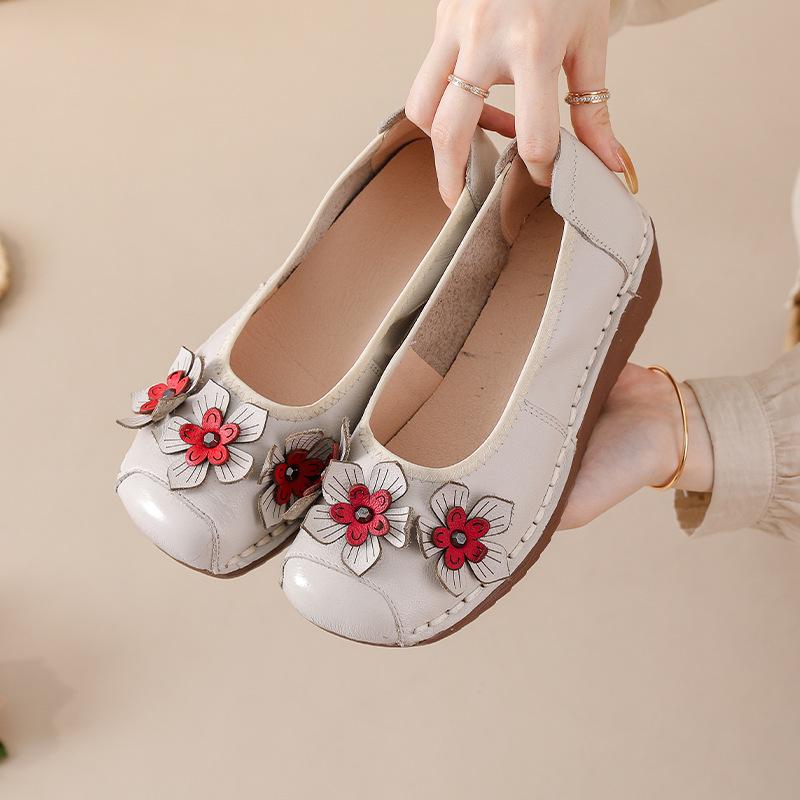 Shallow Single Shoes, Genuine Leather Women's Shoes, Shoe Flowers, One Pedal, Doudou Round Head Thick Sole, Spring and Autumn