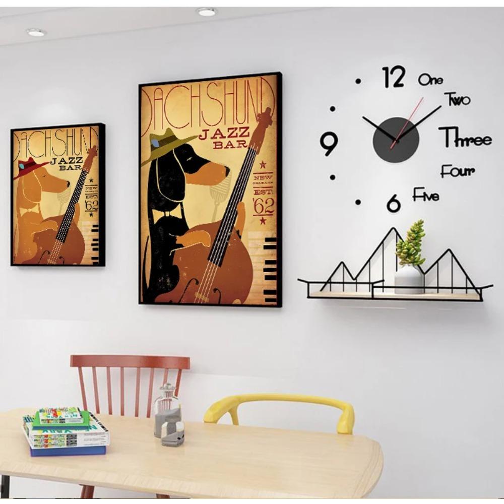 Wandkunst Retro Musik Hund Lustige Tiere Dackel Jazz Bar Dekor Wandbilder für Wohnzimmer Wohnkultur Leinwand Malerei Cuadros