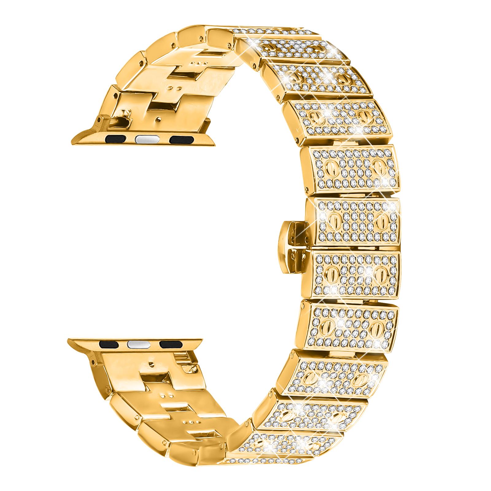 

Watch Band For Apple Watch Series 10 9 8 7 SE 6 5 4 3 2 1 42mm 41mm 40mm 38mm Alloy Metal Rhinestones Decor Strap with Butterfly Clasp Gold