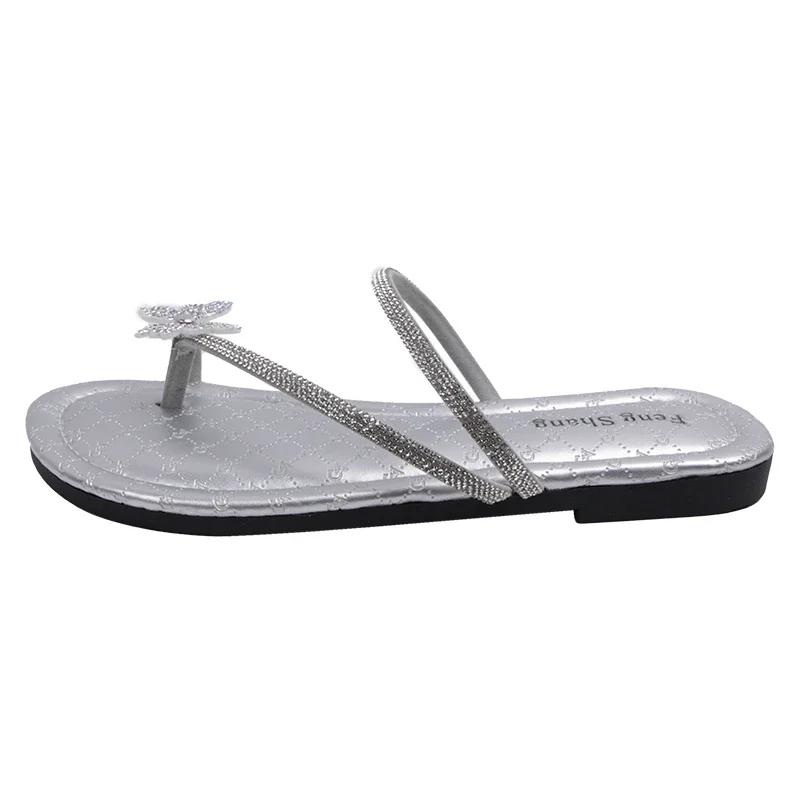 

Модная женская обувь 2024 года, набор женских тапочек с носками, модные повседневные тапочки с кристаллами и бабочкой, женские летние однотонные плоские тапочки 40 серебряный