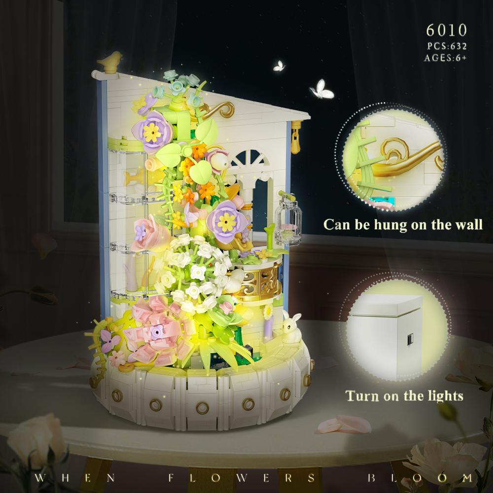 632 peças Blocos de Construção Floridos Iluminados Luminosos DIY Flor Blocos de Montar Decoração de Quarto de Menina Presentes de Aniversário 6010