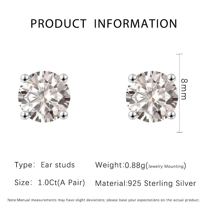Classic One Carat Moissanite Four-Prong Stud Earrings, s925 Sterling Silver - Versatile Light Luxury Fashion for Women