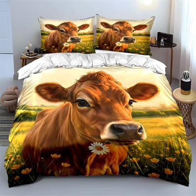 Cow with Daisy In Flower Field Print Soft Comfortable Duvet Cover Bedding Set Included 1*Duvet Cover 2*Pillowcases Luxury Gif