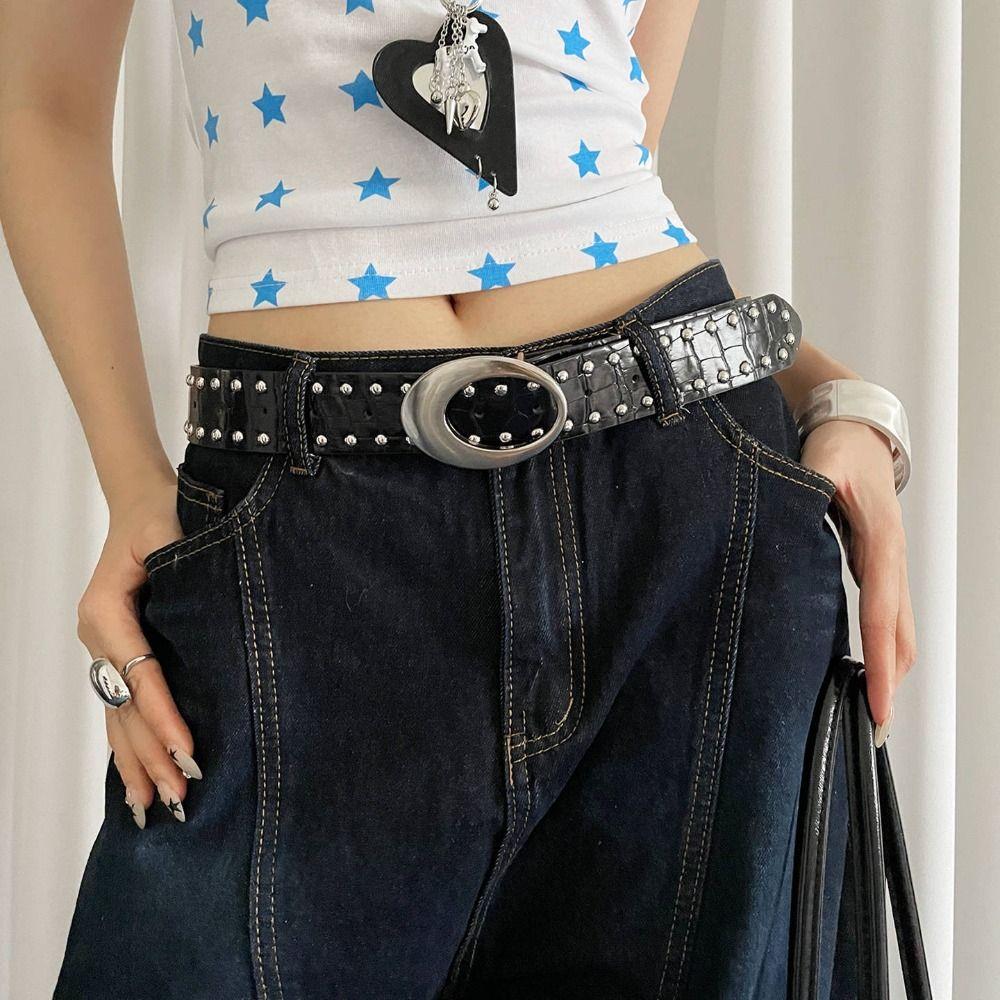 Y2k Women's Rivet Belt Gothic Dress Jeans Belt Niche Leather Waist Belt  Streetwear