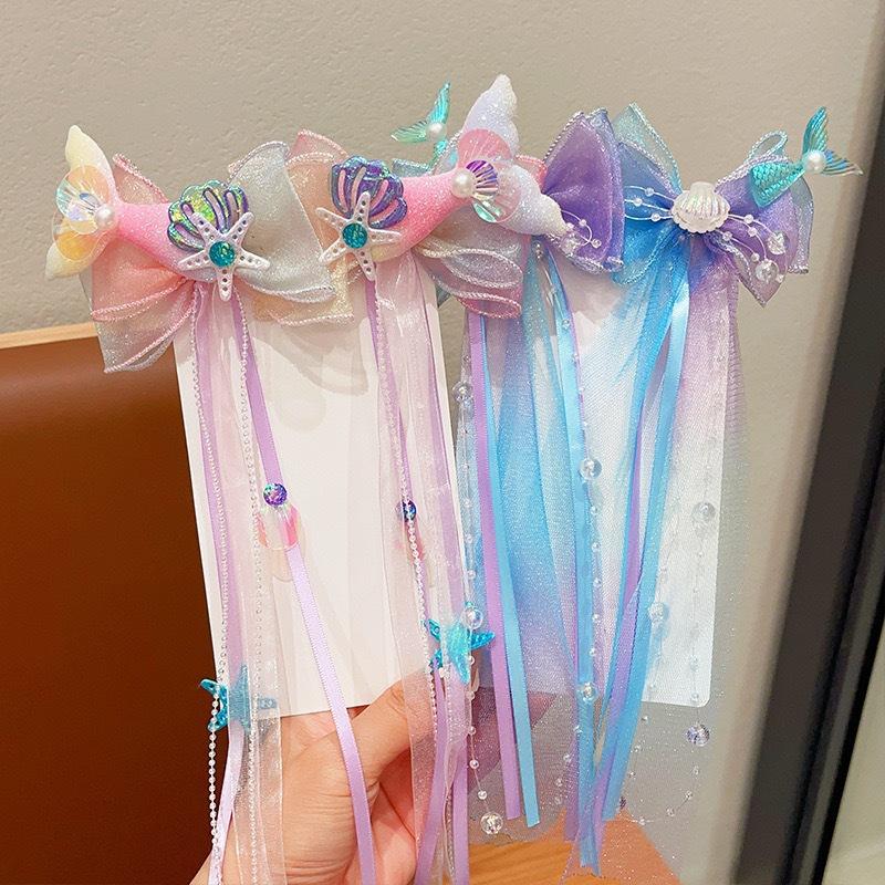 1 Pair Fishtail Shell Puprle Ribbon Headband Baby Mermaid Dress Up Hairpins Girls Bow Tie Braided Flower Hairpin Accessory