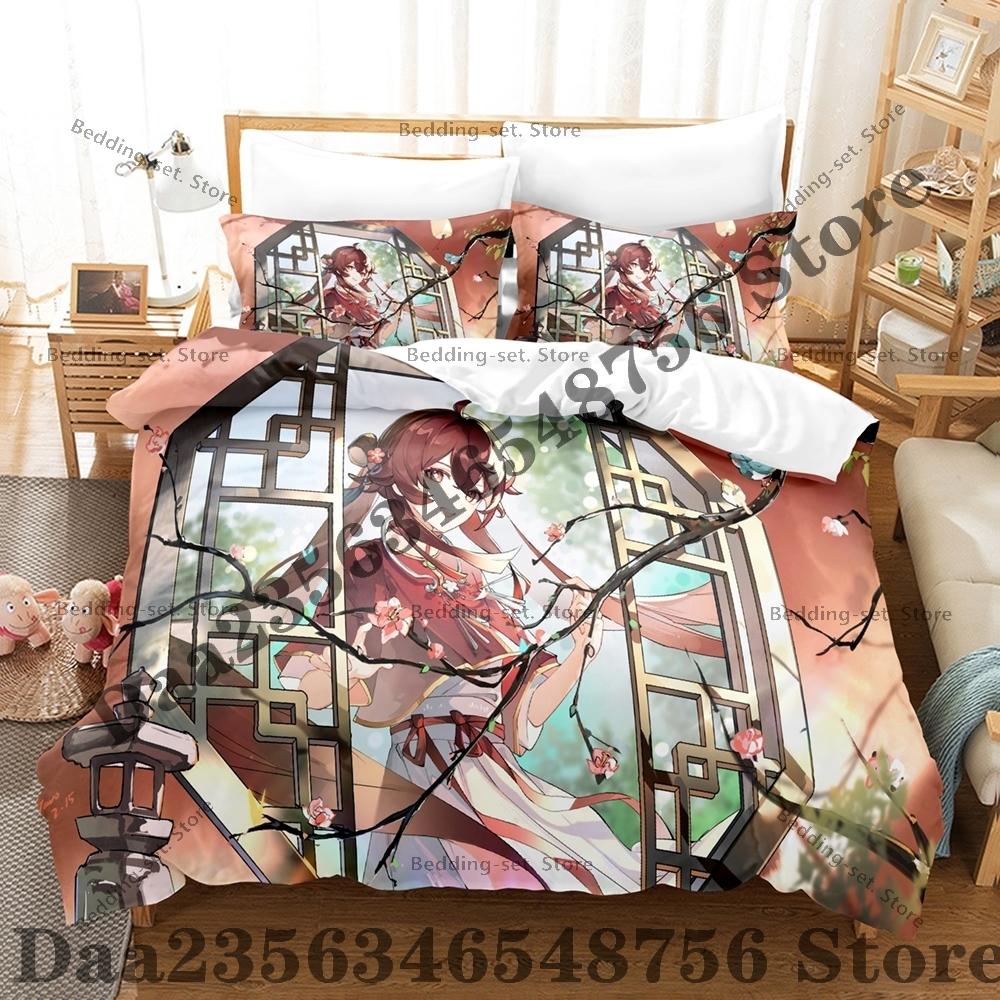 Personality Anime Hu Tao Bedding Set AniThree Piece Bedding Set - Luxury Comforter Set with Queen King Size Including pillowcase