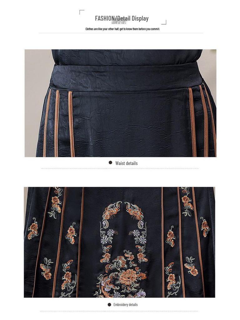 Chinese Style Embroidered Ma Mian Skirt, Elastic Waist, Knee-Length, for Middle-Aged and Elderly Women