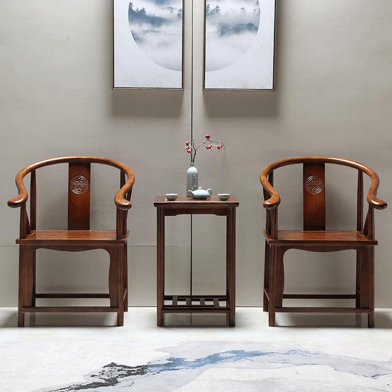 Solid Wood Chinese Style Round Chair Set: 3-Piece with Backrest and Tea Table, Antique Design for Balcony or Leisure.