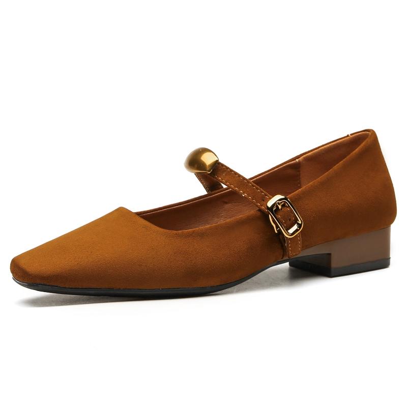 Vintage Mary Jane Shoes Women Soft Sole Low Heel Square Toe Suede Flats Breathable Non-Slip Casual