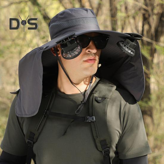 Solar-Ventilator-Hut mit Nackenklappe, LSF 50+, UV-Schutz, Hut mit 2 Solar-Ventilatoren, atmungsaktiv, für Herren, Sommer, Outdoor-Aktivitäten, Angeln, breite Krempe