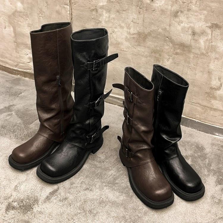Korean ins~ Amber Soft Leather Wasteland Wind Pile Boots Women's Belt Buckle Height Increasing Skinny Medium Boots Pant Tube Boots