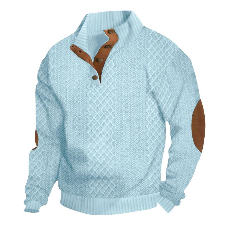 Men's Diamond Knit Henley Sweater Elbow Patch Stand Collar Casual Pullover