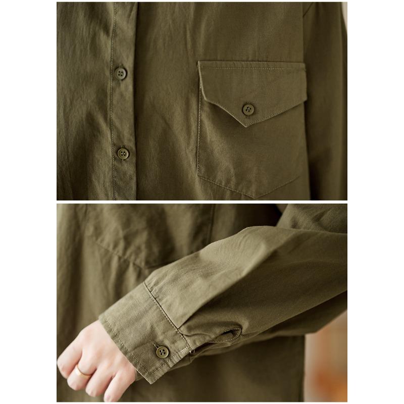 Long Sleeve Art Retro Washed Large Size Loose Blouses Skinny Lapel Collar Single Breasted Shirt Chest Pocket Top for Women