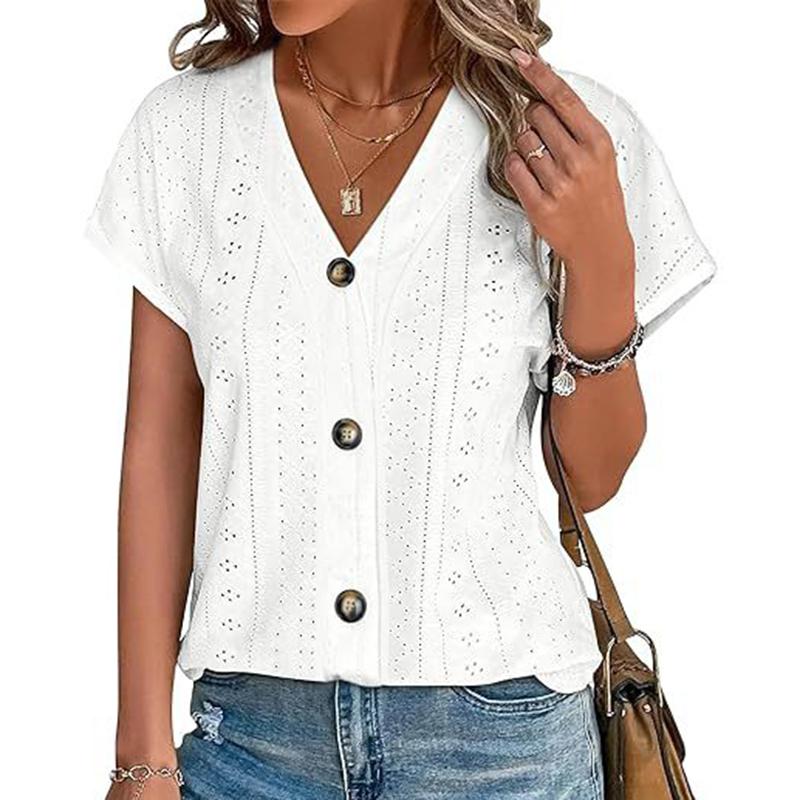 Ladies Summer Short Sleeve V Neck Button Solid Color Jacquard Pullover Hollow T Shirt Top