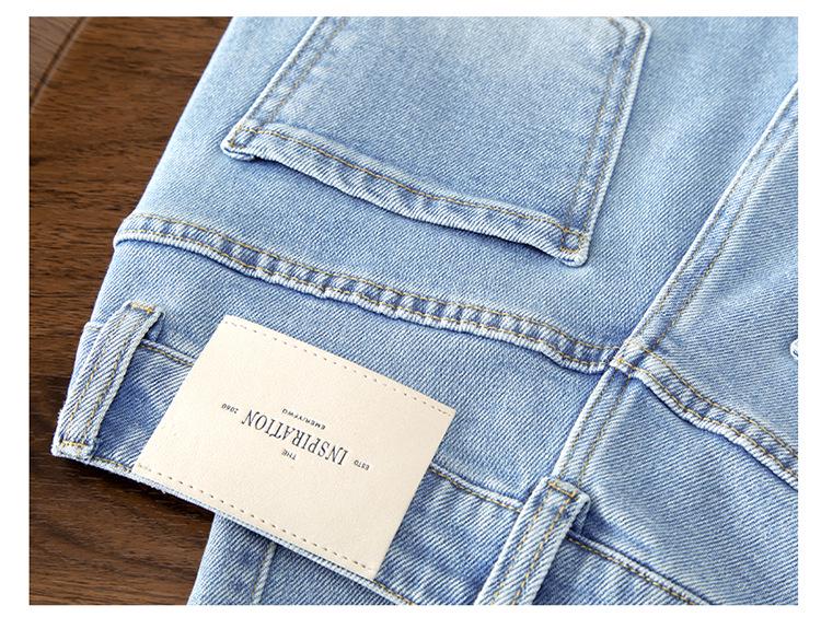Light Blue Floral Embroidered Women's Curved Leg Jeans - New Chinese Style, Thin, Loose, Hip-Covering, Straight Leg for Spring and Autumn