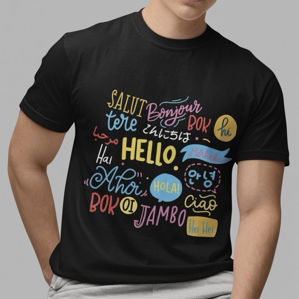

Colorful Hello In Different Languages Graphic Black Unisex T-Shirt Casual Top 4XL