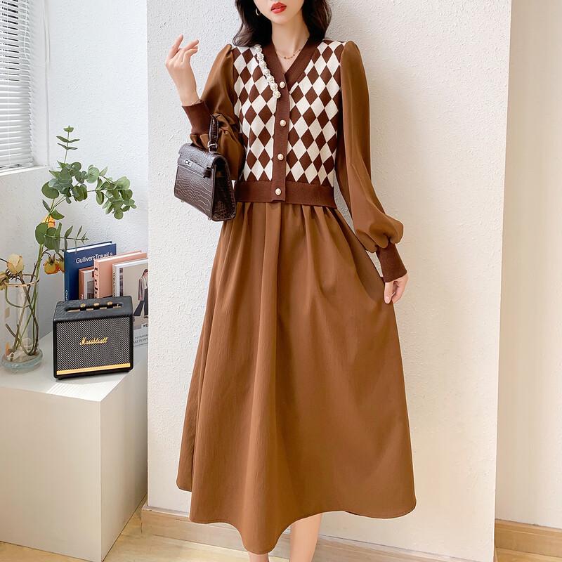 

Chic French Style Beaded Faux Two-Piece A-Line Dress One Size