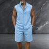 Casual Plain-coloured Linen Men’s Lapel Sleeveless Vest Shirt and Shorts Casual Beach Set