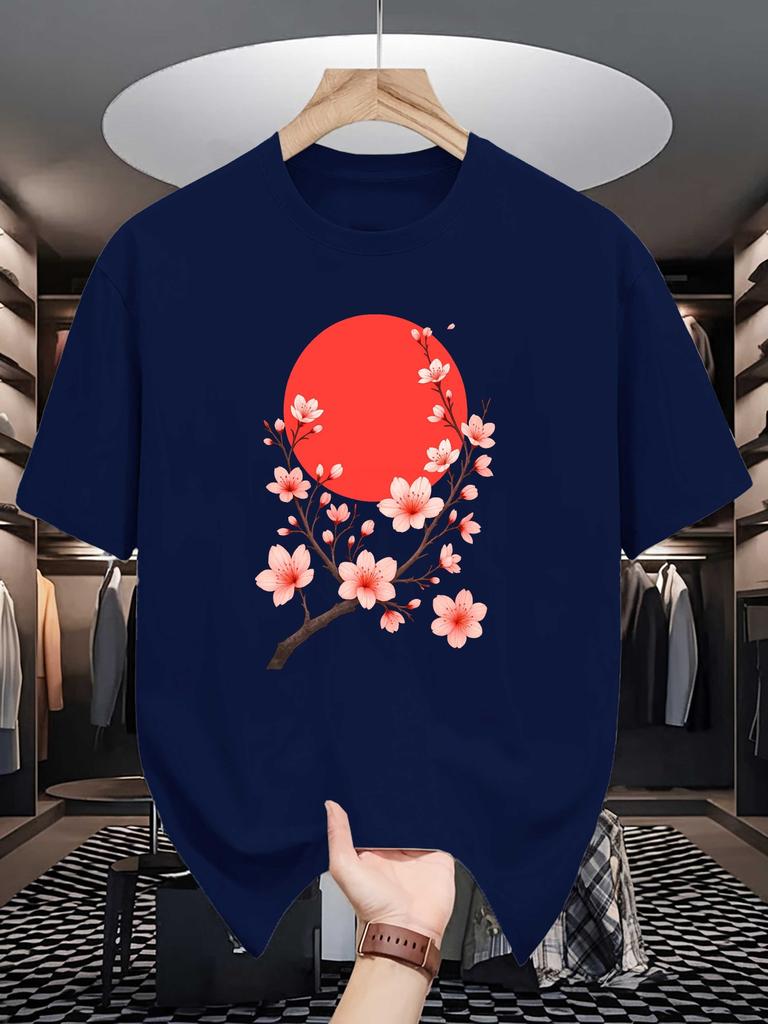 Unisex Yellow Tee Oriental Plum Blossom Floral Sun Graphic Print Crew Neck Short Sleeve Summer Casual Male Cotton Street Top