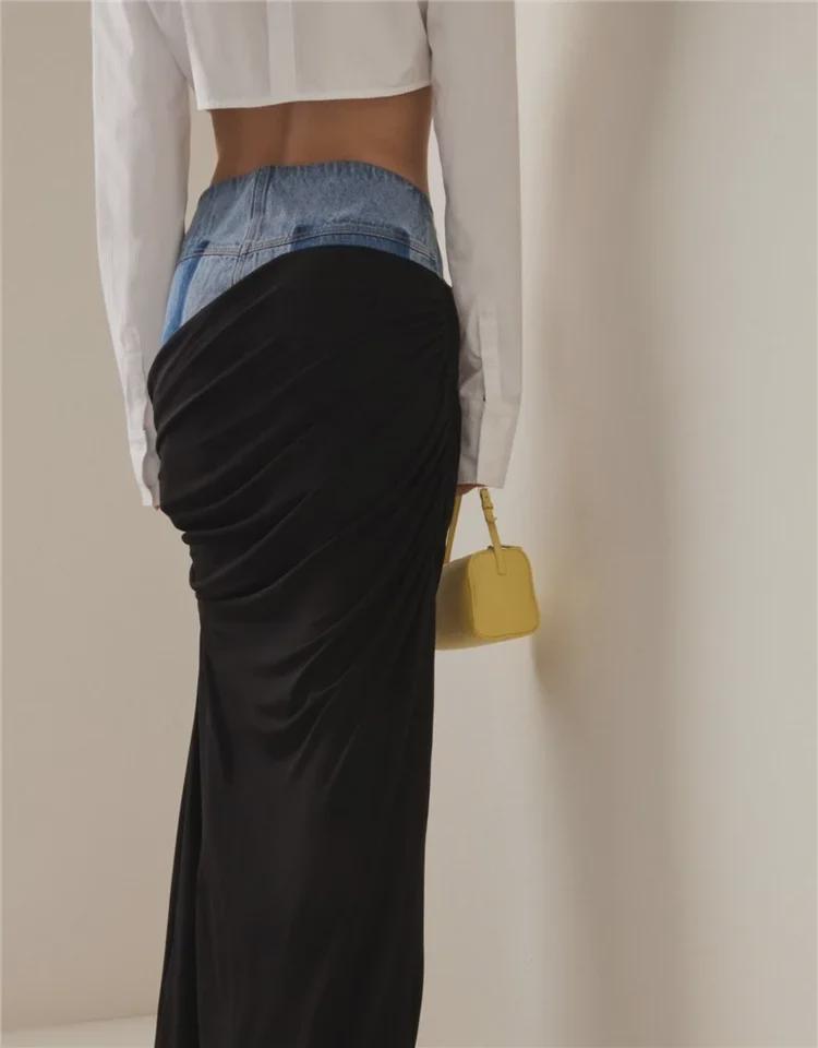 Modern Deconstructed High-Waist Black Pleated Denim Skirt with Spliced Design for Women