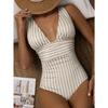 New one-piece large V-neck swimsuit women's striped backless swimsuit women's sexy fashion swimsuit