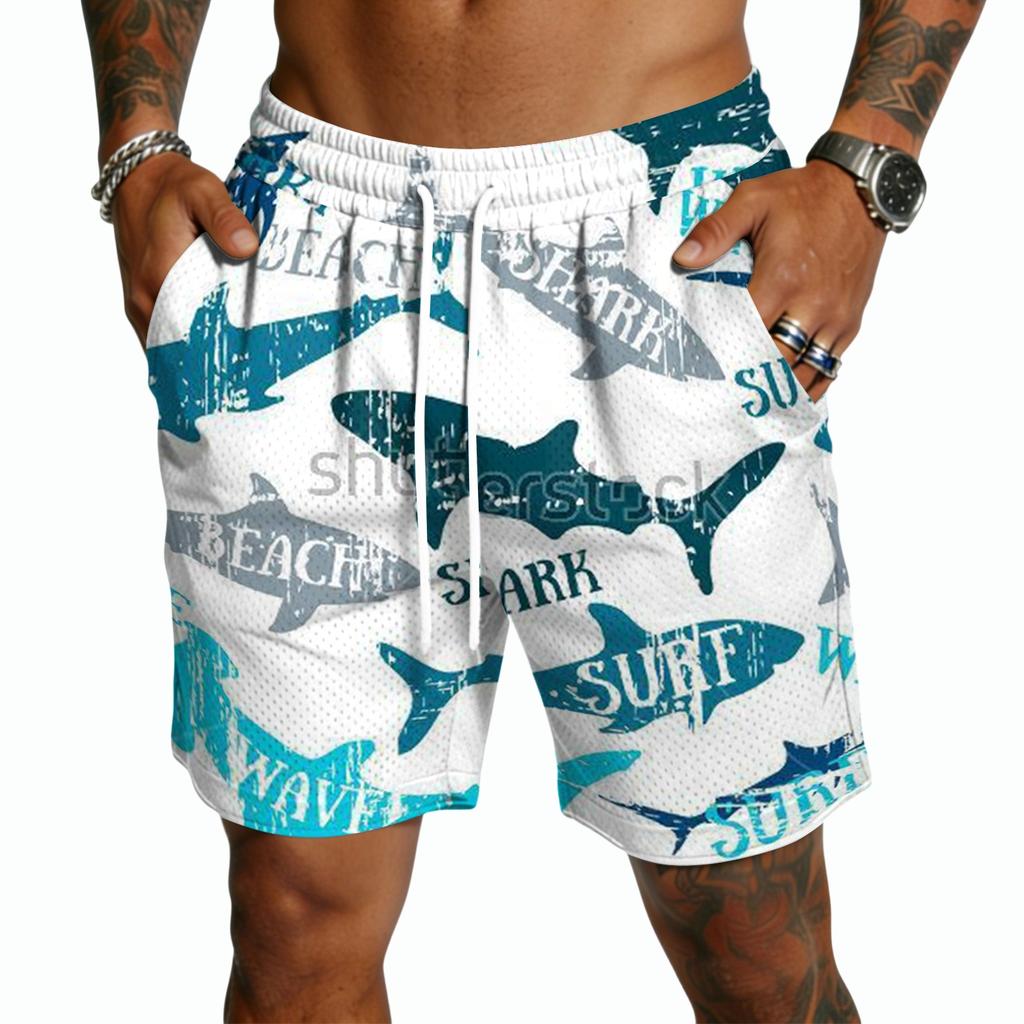 Men Drawstring Waist Casual Shorts Lightweight Quick Dry Five Inch Inseam Shorts with Hawaiian Print for Outdoor and Wear