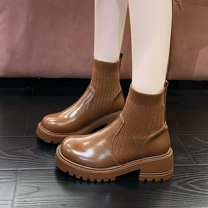 Large Size Square Heel Round Head Fashion Boots Autumn and Winter New Knitted Splicing Elastic Mouth Low Tube Socks Boots