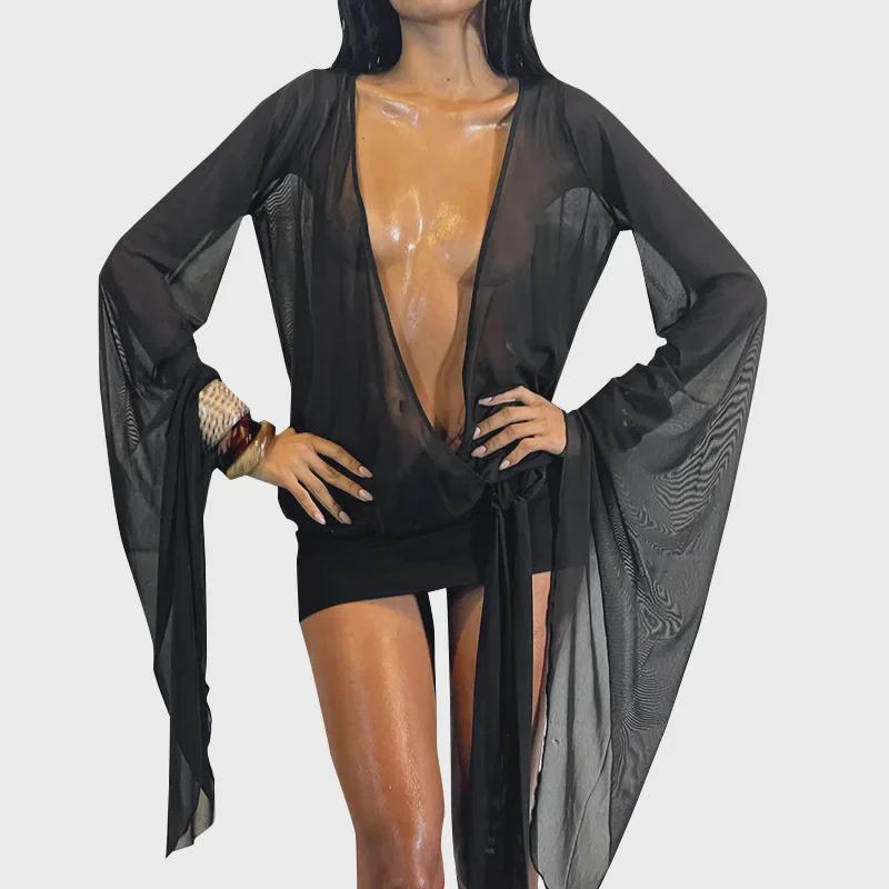 F24DS389 Women's Sexy Mesh Low-Cut Mini Dress