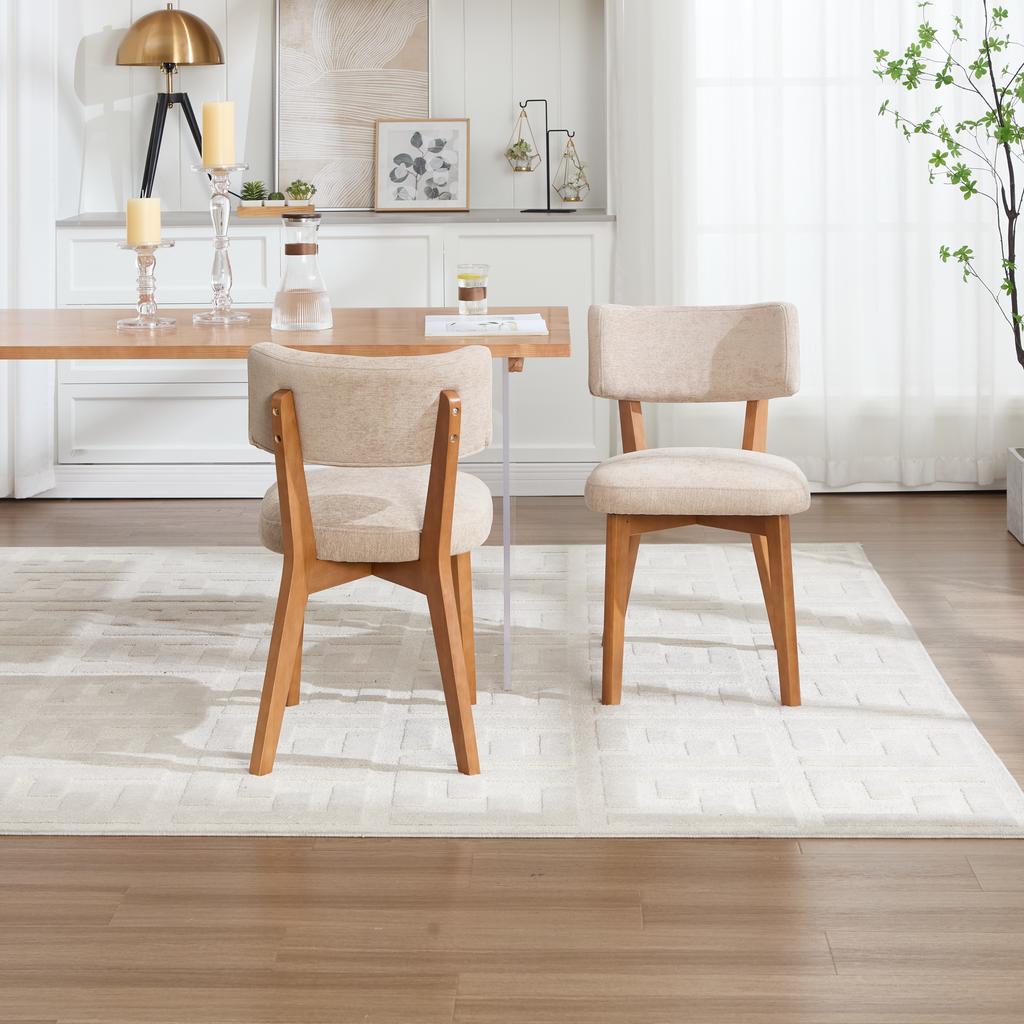 Modern Mid-Century Style Dining Chair Set of 2, Solid Wood Legs Fabric Padded Seat for Kitchen, Dining Room or Office (Khaki-colored Linen Fabric)