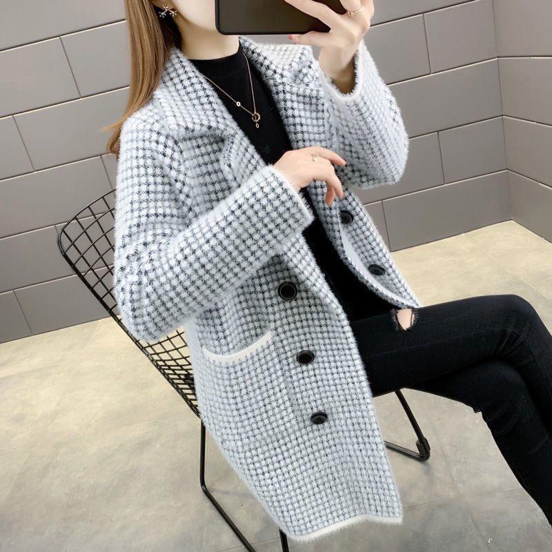 Women's Mid-Length Mink Coat Cardigan - Korean Style Loose Suit Collar Knitted Overcoat for Autumn and Spring