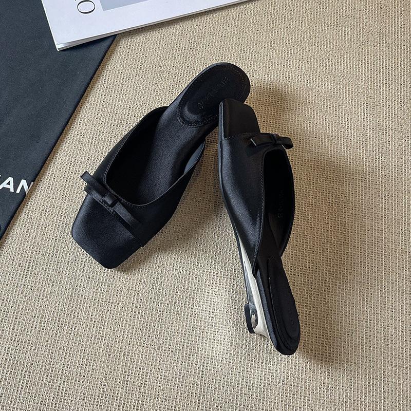 Bow flat silver wedge heels slippers girls school slippers new one-word satin square head summer