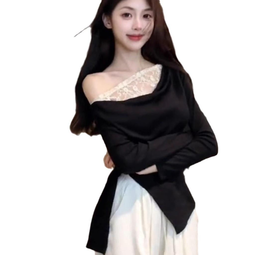 2024 Autumn Off-Shoulder Lace Patchwork Slimming Long-Sleeve Top