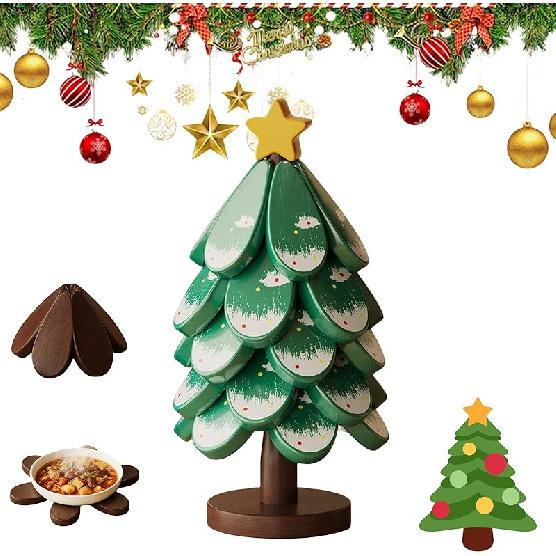 Set di Sottopentola Albero di Natale in Legno Naturale Tappetino Isolante Tavolo da Pranzo in Legno Massiccio Tappetino Anti Scottatura Pentola Regalo Festivo Creativo e Personalizzato Casa