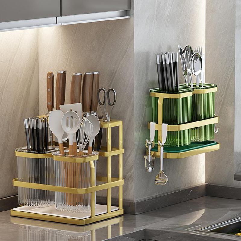 Wall Mounted Kitchen Cutlery Organizer Knife Spoon Fork Chopstick Drain Rack Drainer Utensil Kitchen Storage Punching Free