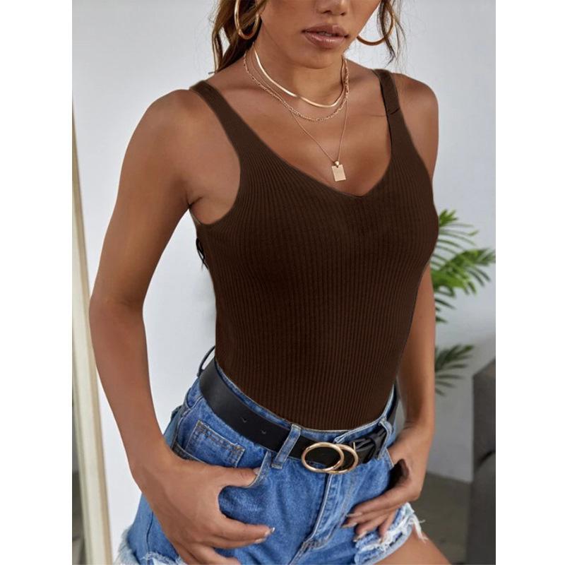 

YYFS Женская мода Повседневная Летняя Весна Однотонный Принт Без Рукавов V-образный Вырез Блузки и Рубашки L темно-коричневого