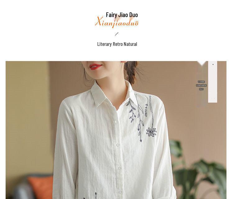 2024 Artistic Retro Floral Embroidered Cotton Linen Long Sleeve Shirt for Women - Loose Fit for Spring & Autumn