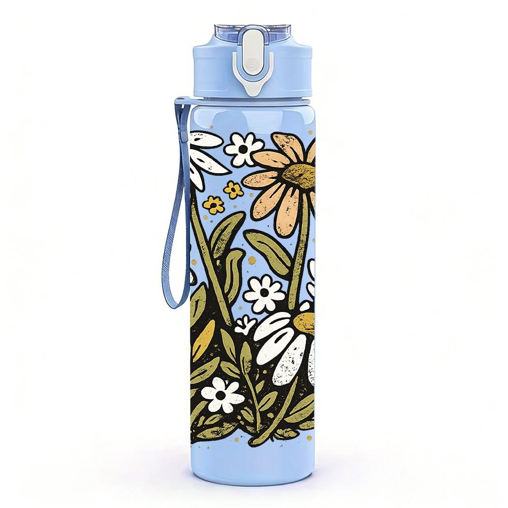1PC Daisy Wildflower Botanical Print 750ml Color Plastic Sports Water Bottle Leakproof Flip Straw Lid Suitable for Sports Office Home Use