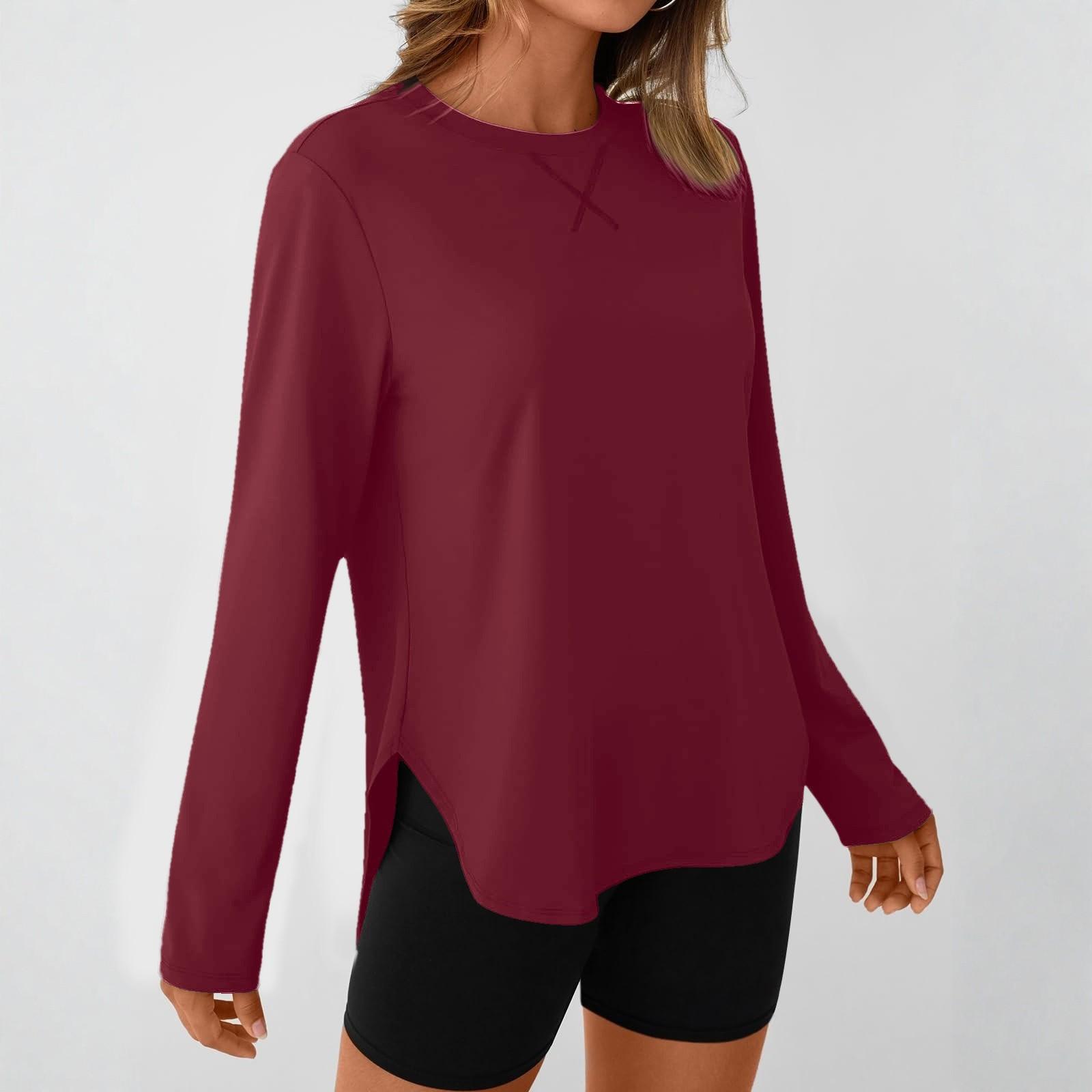 

Women s Fashionable Round-neck Long-sleeved Solid-color Pullover Casual Top XL винний