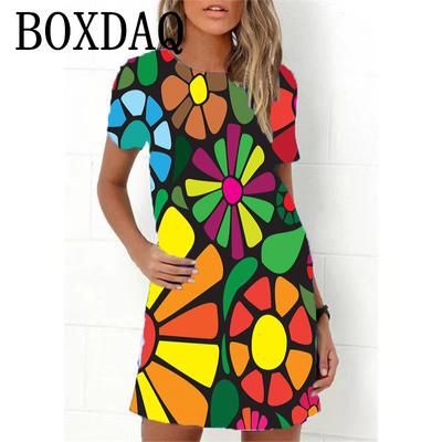 Flower Power Women Dress Retro Hippie 60s Elegant Short Sleeve Loose Dress Casual Fashion Oversize Summer Woman Print Mini Dress