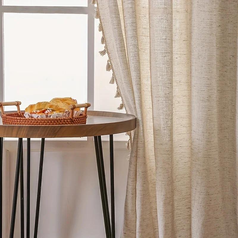 Solid Color Linen Plus Fringe Curtains Living Room Bedroom Balcony Semi-Blind Curtains, French Rustic Style Curtains